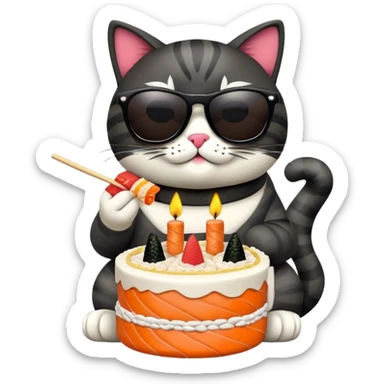 cool cat wearing sunglasses eating a birthday cake made out of sushi sticker