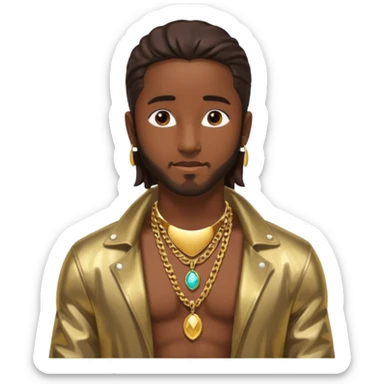 Omarion with long dark brown hair, shirtless with necklace, metallic bronze jacket sticker