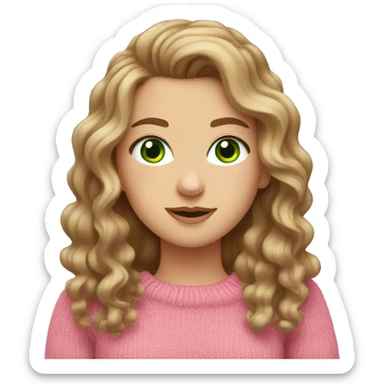 White girl with brown long curled hair and green eyes and a pink sweater sticker