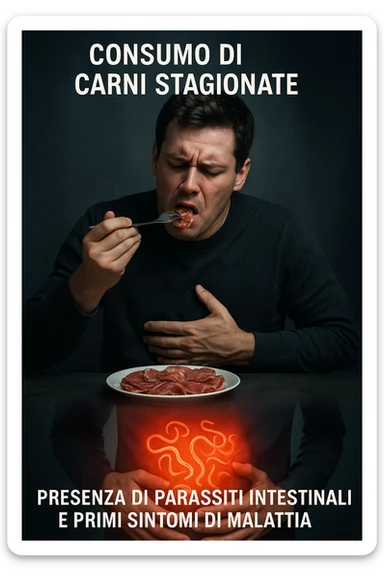 vertical realistic cinematic image of a man eating sliced cured meats, with a transition showing the appearance of intestinal parasites and early symptoms of illness, clinical dramatic lighting, Italian captions, aspect ratio 2:3 sticker