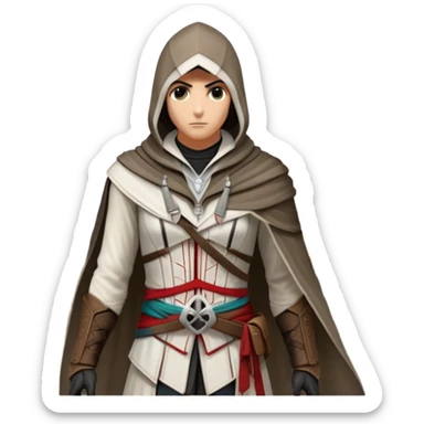 icon featuring Assasin's Creed in an iconic assassin's hood, standing tall against the backdrop of Florence. The design captures the essence of adventure, with intricate details of historical architecture and a sense of mystery. The character is poised, ready for action. transparent background. sticker