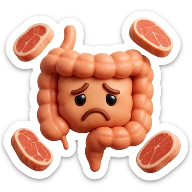 emoji stile iphone in 3d di un intestino triste con fette di carne che gli fluttuano intorno, iperrealistico 4k sticker