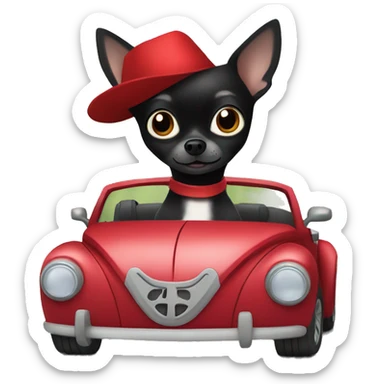 black chihuahua in a red beetle convertible sticker