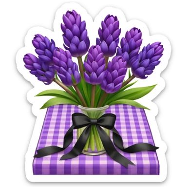 A lush bouquet of bright prple color Hyacinths black satin ribbon, resting on an antique wooden table, with a pale yellow and pink plaid pattern table cloth sticker