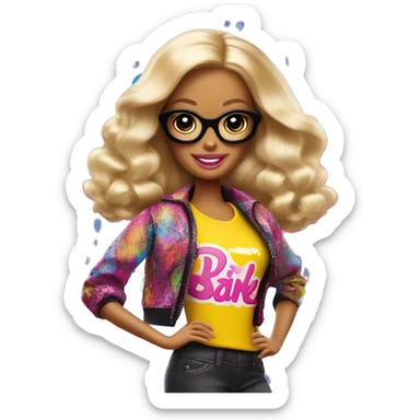 An image of a Barbie doll wearing a stylish outfit with the word 'Barbie' written across the clothing, set in a fun, vibrant background sticker