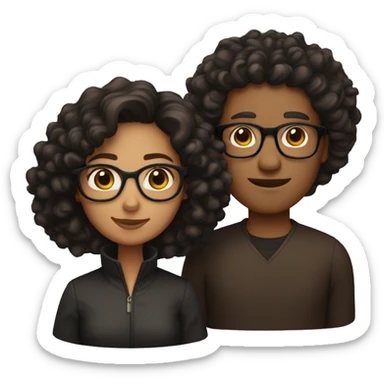 Couple emoji: light skin, brown eyes; man with black curls, glasses; woman brown curls sticker