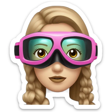 woman large light brown and straight hair, black and pink diving mask with a single crystal, tourquese eyes, scubadiving gear sticker