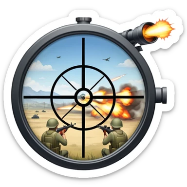 An icon symbolizing first-person shooter games. The design features a circular sniper scope view with crosshairs aimed at a distant target. The background shows a battlefield with soldiers and explosions, capturing the action-packed intensity of FPS games. Transparent background. sticker