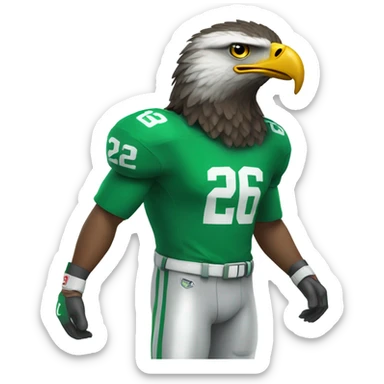 Eagle wearing a #26 green football jersey and green helmet sticker