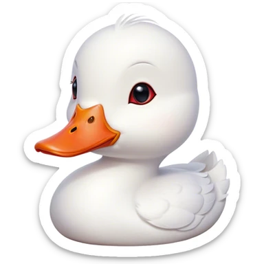 Cinematic Cute White Duck Portrait Emoji, Head tilted playfully and inquisitively, featuring a glossy, immaculate white plumage with a charming red bill, round, sparkling eyes filled with curiosity, Simplified yet irresistibly adorable features, highly detailed, glowing with a warm, friendly glow, high shine, affectionate and lively, stylized with a touch of whimsical charm, bright and endearing, soft glowing outline, capturing the essence of a mischievous yet loving duck, so playful it feels like it could waddle out of the screen and into your arms! sticker