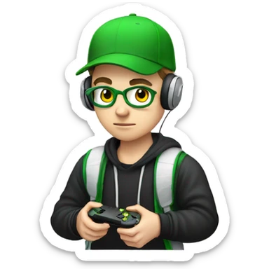 White boy gamer wearing air-pods, wearing a green hat sticker