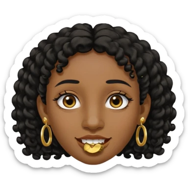Make a emoji of a person with dark skin and has a nose ring and has a bunch of small earrings and a big earring and who has a tiny bit of hair and who has a gap between her two front teeth sticker