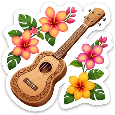 Ukulele with Polynesian carvings laying on flowers sticker