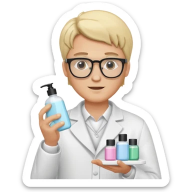 blonde man with white coat and glasses holding skincare products sticker