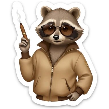 friendly anthropomorphised raccoon in a Sopranos-style mafia tracksuit, wearing dark sunglasses, holding a cigar, relaxed pose sticker