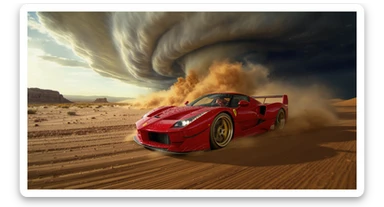 Cinematic still of a ferrari f40 around tornado od arizona desert, sun flare, captured by gopro hero with effect fisheye, water drops on car body, detailed, inspired by interstellar look, captured by a Super-16 sticker