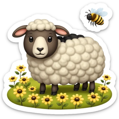 sleepy sheep in the field and a bee sticker