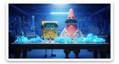 3D cienmatic cartoon shot, spongebob and patric dress in safety glasses and safe white outfit, the are standing front of table with blue crystals on table glowing (light source) science room in basement, back light, Cinema 4d render, proffesional lightning, blue colors sticker
