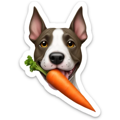 Brindle Bull terrier with a carrot toy  in mouth like a cigar only one carrot  sticker