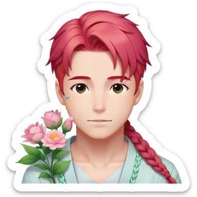 Gorgeous pastel red hair with a thin braid on the side anime style handsome sexy gojo guy with blushing face and flowers aesthetic trending style outside sticker