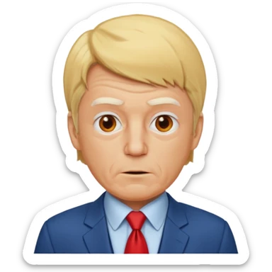 an ugly old orange man with a blonde toupee and a blue suit with a white undershirt and a red tie sticker