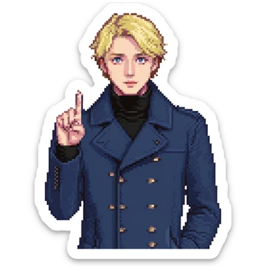Flat pixel art, bold and charismatic male leader, Caucasian, short neat blonde hair, sharp eyes, indigo coat over black turtleneck, one arm raised pointing out, waist-up, front-facing sticker