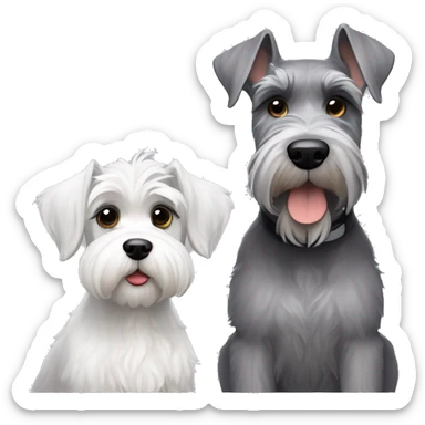 A young big gray schnauzer with dark eyes next to a small all white puppy schnauzer sticker