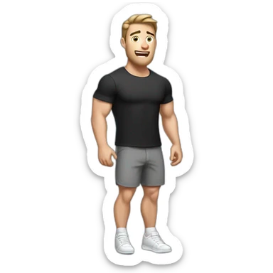 amazed Open with surprise mouth Pale skinned Fit Man With the biceps and dark brown hair in black shirt, gray sports shorts and white Sneakers sticker