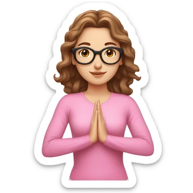 White girl dressed in pink and white, with wavy brown hair, brown eyes and black glasses doing yoga sticker
