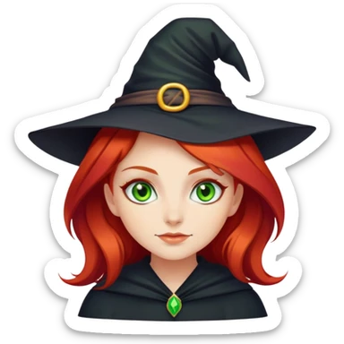 green eyed girl with red hair. some emoji make it look like she is a witch sticker