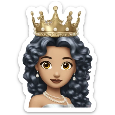 Regal pretty woman defined cheekbones crown vintage with very long iridescent black and silver hair wavy black hair pearl crown iridescent sticker