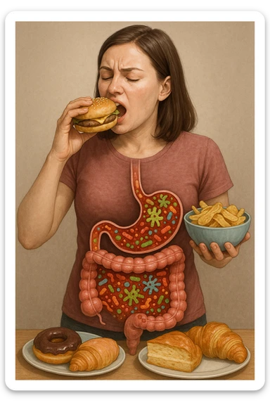 donna con batteri cattivi pieni nel suo intestino immagini realistiche mangia alimentazione ricca di glutine e zuccheri alimentando tutti i batteri cattivi sticker