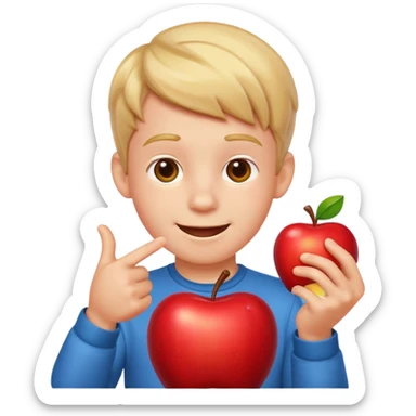 a boy pointing down at his toy, cheerful expression, apple style emoji sticker