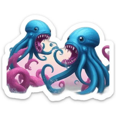 a blue kraken fighting  with another pink kraken sticker