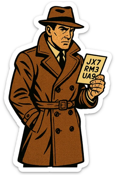 A full body of a secret US spy from the 1950s wearing a brown overcoat and holding a piece of paper with a secret code written on it sticker