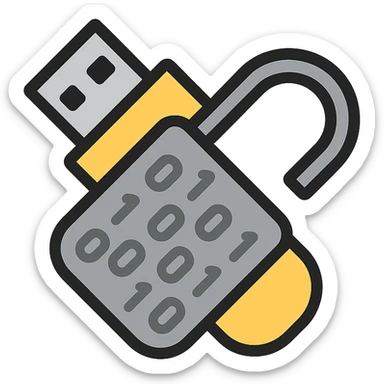 USB drive tilted down-left merged with the body of a broken lock forming a single transparent object in gray and black tones, with clear gray 1s and 0s inside the merged shape sticker