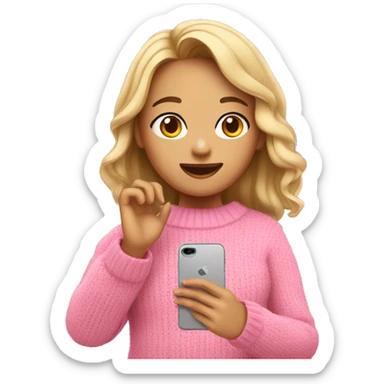 A girl in a pink sweater takes a selfie on her phone sticker