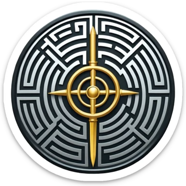 A vertical sword in the center of a circular maze, inside of which is embedded a thin astrolabe. The lines are strict, geometric, and symmetrical. The material is a dark metal (antimonium). The style is a minimalistic alchemical sign. sticker
