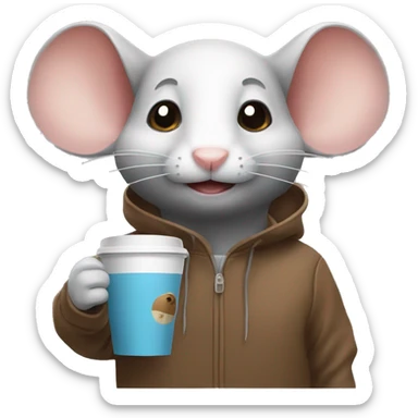Mouse that brings coffee in the coffee place and has a hoodie sticker