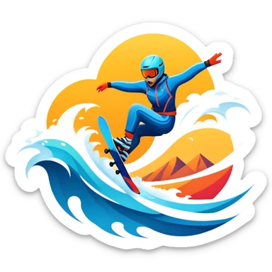 An emblematic symbol featuring a stylized figure in mid-action, representing extreme sports. The design incorporates dynamic lines and bold shapes, with elements like mountains, waves, and flying objects, capturing the thrill and adrenaline of various extreme sports in a single, unified icon. sticker