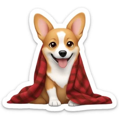 A girl with blonde hair is sitting under a blanket with a black-red-brown corgi sticker