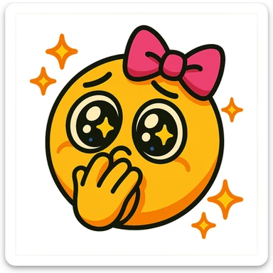 emoji fusing pleading face, hand over mouth, pink bow on head, big sparkling eyes, and sparkles around in vibrant toon style sticker