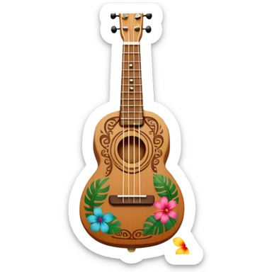 Ukulele with Polynesian carvings with flowers blooming behind it sticker
