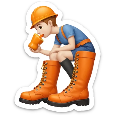 Person licking a large orange work boot sticker