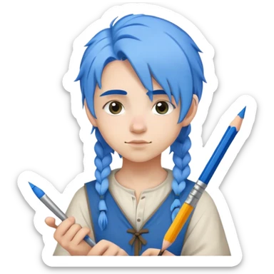 smart young painter apprentice with blu hair  drawing with pencil, medieval age sticker