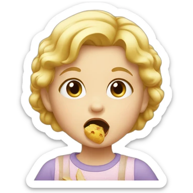 blonde toddler eating sticker