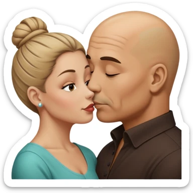 Mid aged Hispanic bald man kissing mid aged dark blonde white woman. She’s wearing a bun. sticker