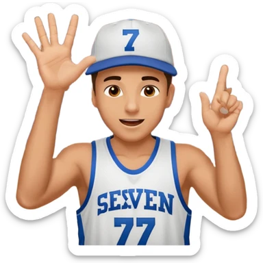 Maverick Trevillian in the crowd at an amateur basketball game. He leans towards the camera and enthusiastically shouts "six seven while performing a distinctive hand gesture: both hands open, palms facing upward, moving up and down as if weighing two options. sticker