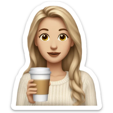 Beautiful white woman mom, long light brown hair, brown eyes, cozy holding an iced coffee, white sweater sticker