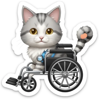 disabled grey and white small cat using a wheelchair made for cats sticker